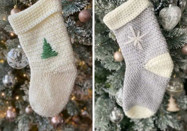Two crochet stockings - one with pine tree emboridery and the other featuring the northern star.
