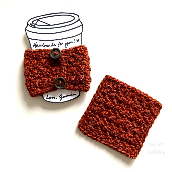A textured crochet coaster with a matching cup cozy.