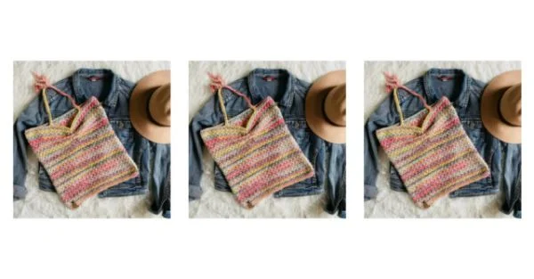 Three side-by-side images of a ruched crochwt halter top, a jeans jacket, and a summer hat.