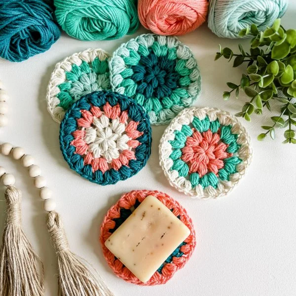Colourful crochet face scrubbies.