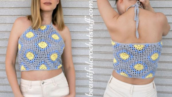 A front and back view of a woman wearing a crochet halterneck crop top made with granny squares.