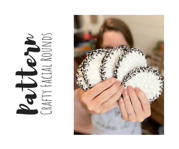 White crochet face scrubbies with black and white edging.