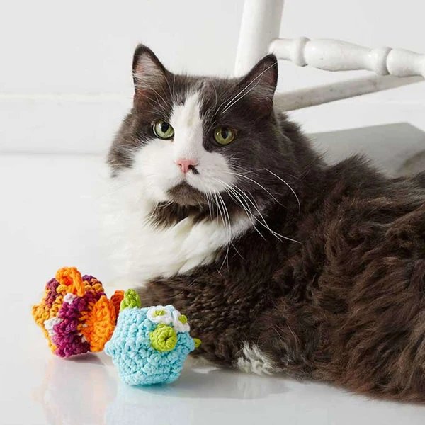 A cat playing with crochet puffer fish cat toys.