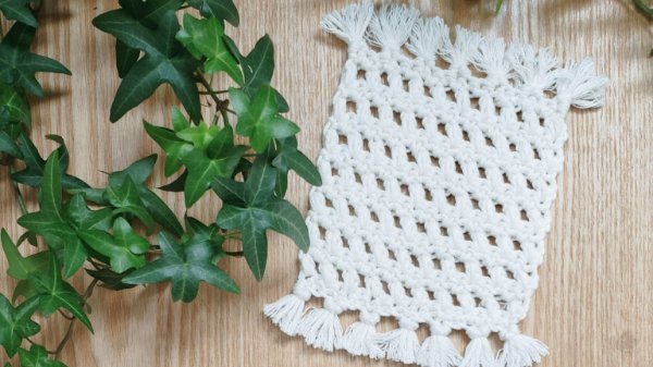 A small pot plant necxt to a faux-macrame crochet coaster with fringing.