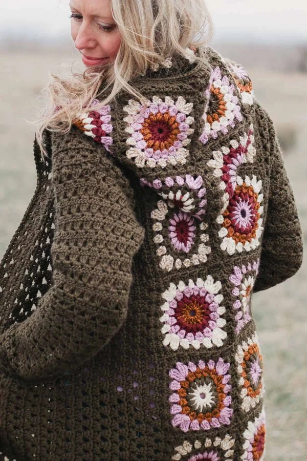 Back view of a crochet hoodie with Granny Squares.