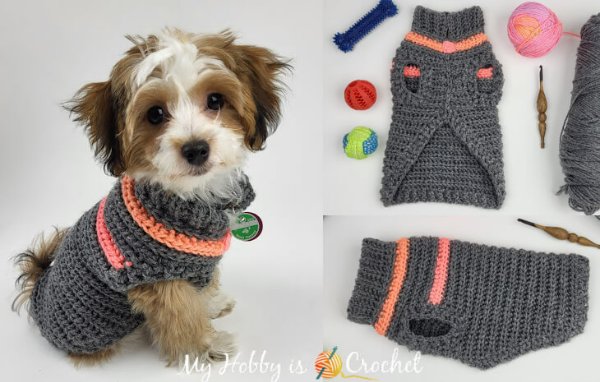 A grey crochet dog sweater with stripes.