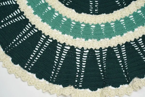 A closeup of the stitch detail in a crochet Christmas tree skirt.