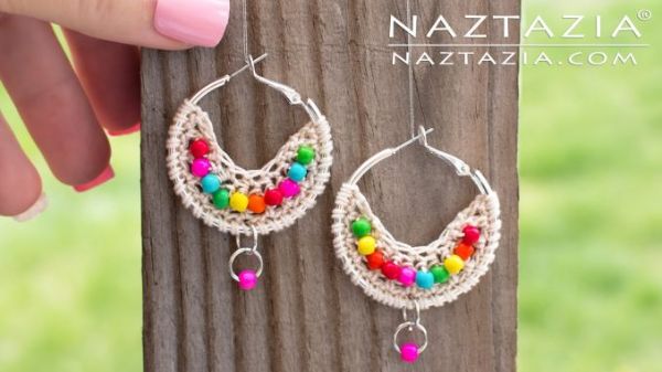 Colourful crochet hoop earrings with beads.