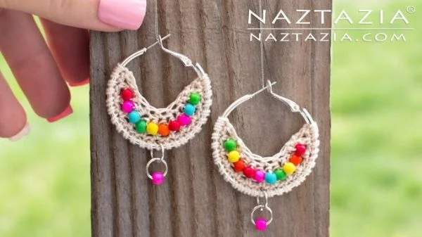 Colourful crochet hoop earrings with beads.