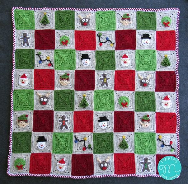 Granny square Christmas blanket with Christmas applique.
