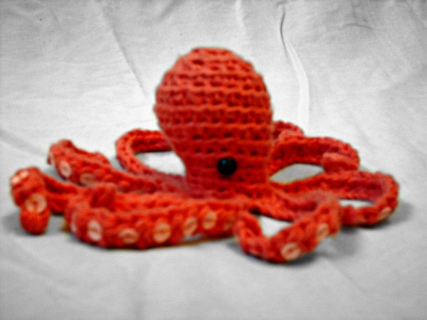 An orange red, realistic looking amigurumi octopus.