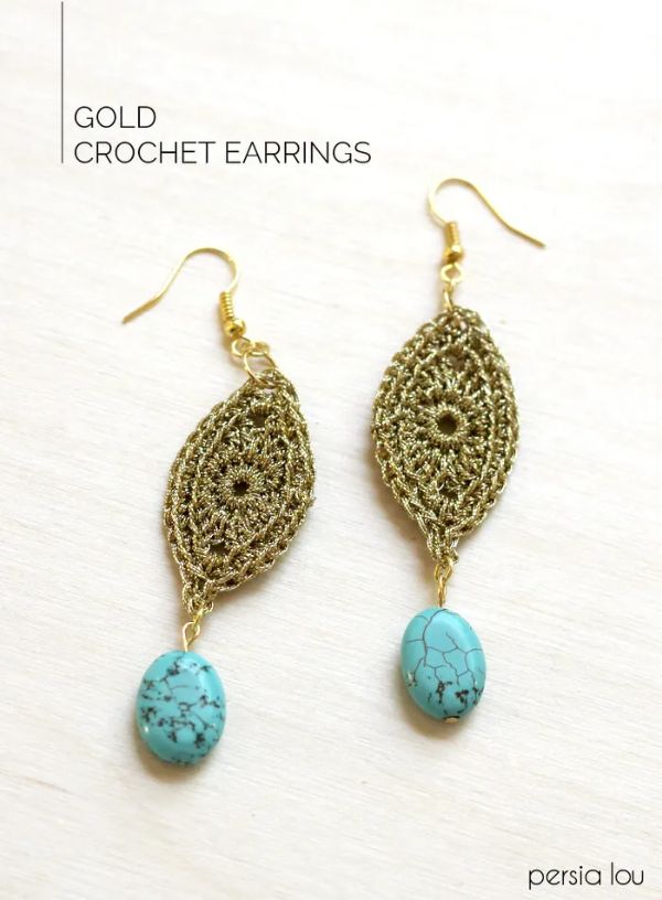 Gold crochet earrings with beads.