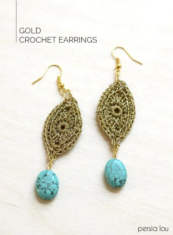 Gold crochet earrings with beads.