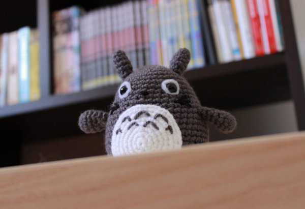 A dark grey crochet totoro on a book shelf.