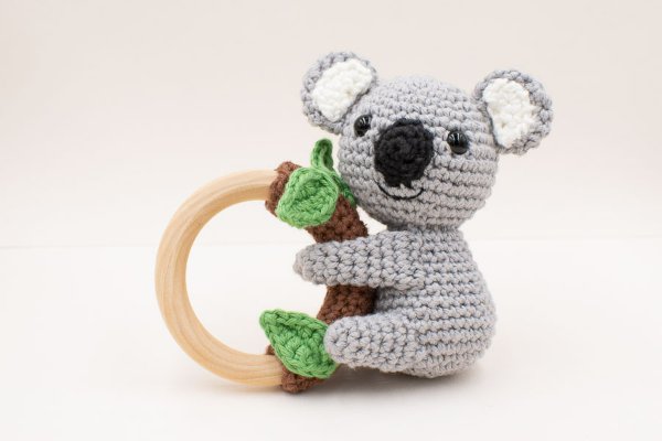 A crochet koala amigurumi teething ring.
