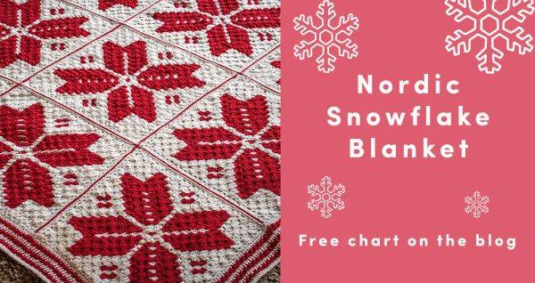 A red and white crochet snowflake Christmas blanket.