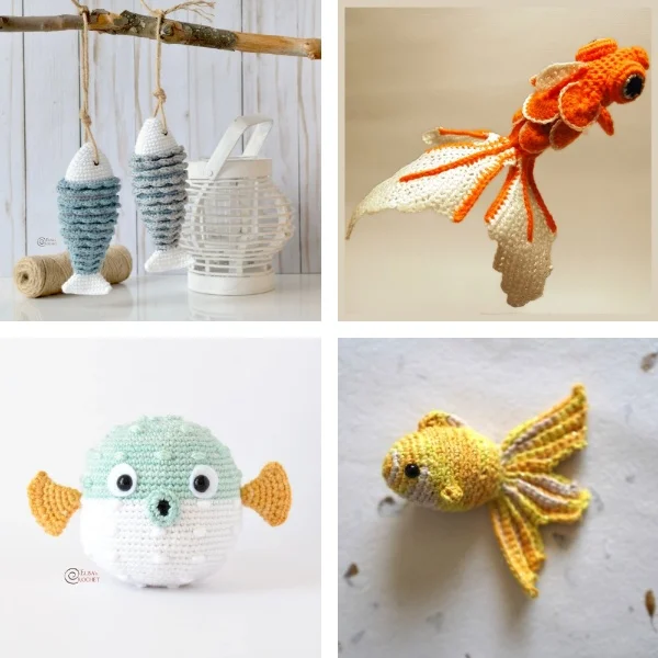 A collection of crochet fish.