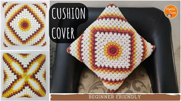 Three different views o a Sunburst granny square crochet pillow.