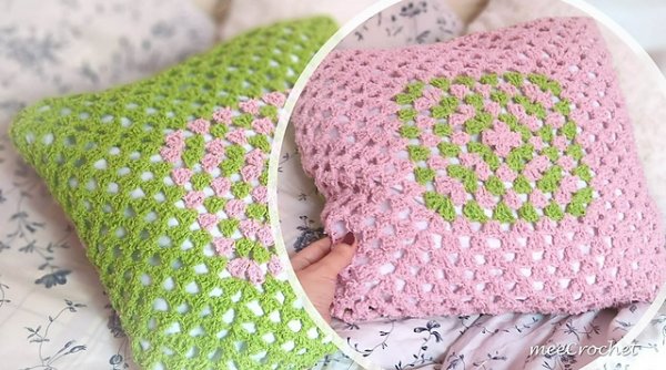 Two granny square pillows worked in green and pink yarn.