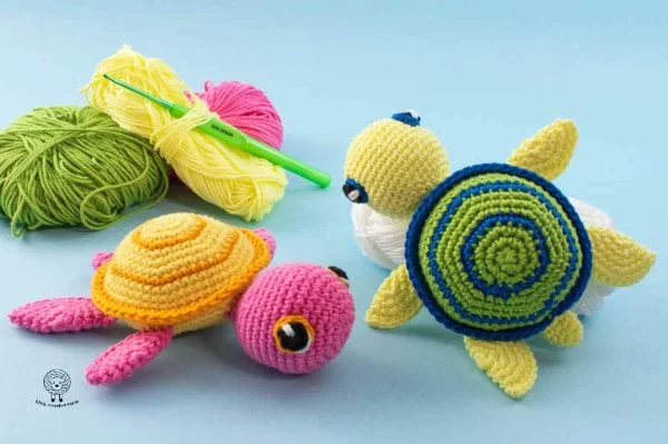 Beginner crochet turtles.