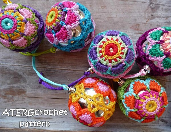 Brightly coloured floral crochet Christmas balls.