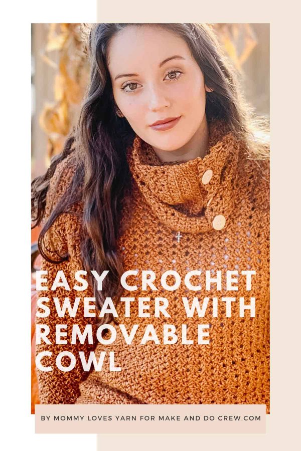 Crochet pullover with detachable cowl.
