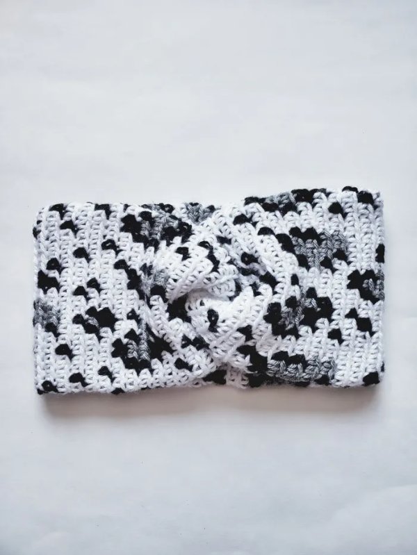 A leopard print crochet earwarmer.