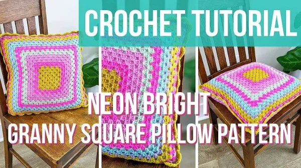 A serries of images of a granny square cushion crocheted in neon bright colours.