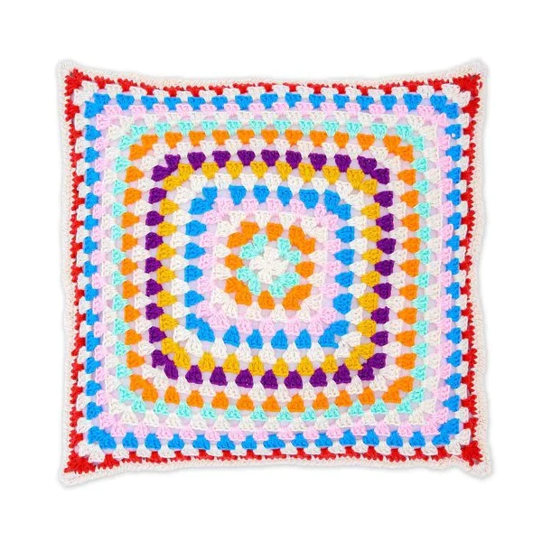 A classic, striped granny square cushion.