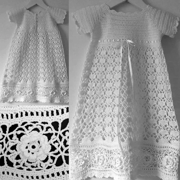 A crochet lace christening dress featuring the Irish ROse motif.