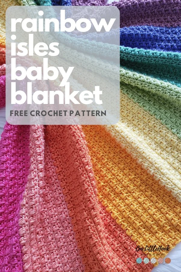 A closeup image of a rainbow crochet baby blanket.