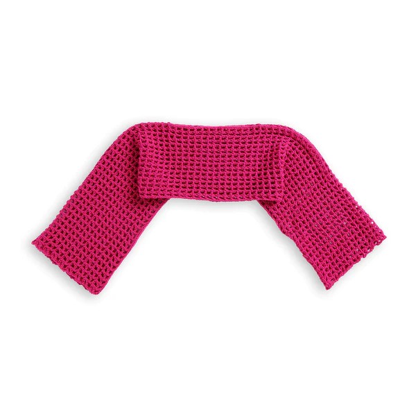A bright pink crochet mesh shrug.