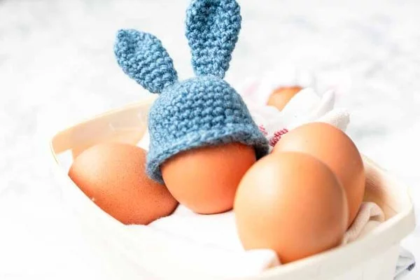 Hardboiled eggs and a bunny-themed crochet egg cozy.
