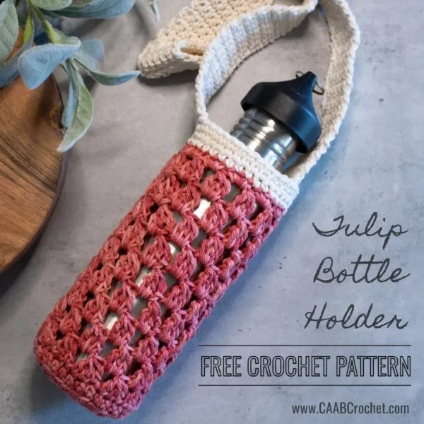 A granny stitch crochet water bottle holder.
