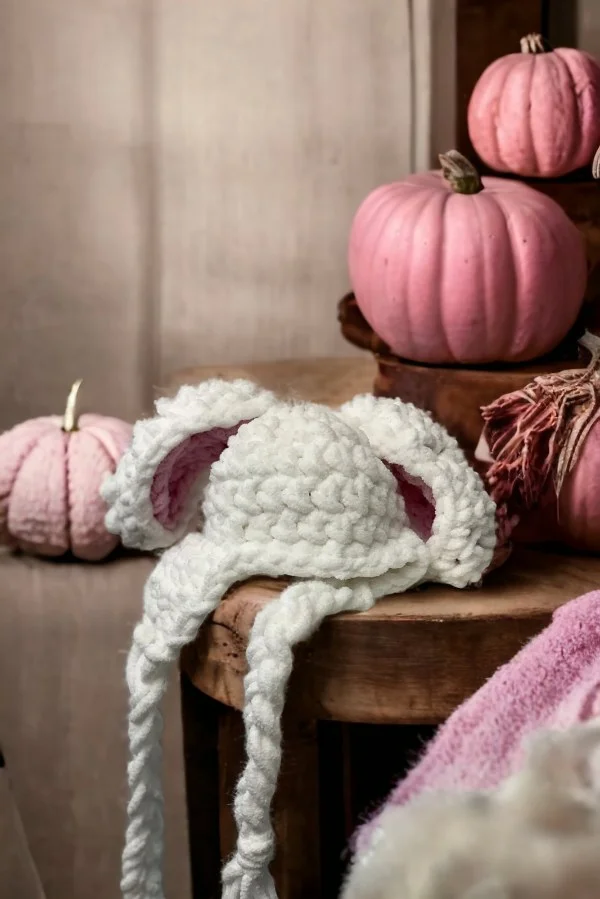 Crochet bunny hat with floppy ears.