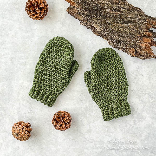 A pair of green crochet childrens mittens with small pinecones in the background.