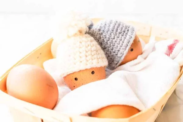 Two eggs with crochet egg warmers featuring mini pompoms.
