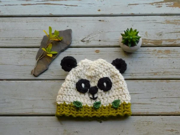 A crochet panda hat.