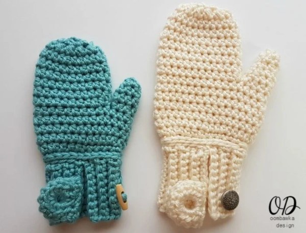 Children's crochet mittens with an easy-on button closure.