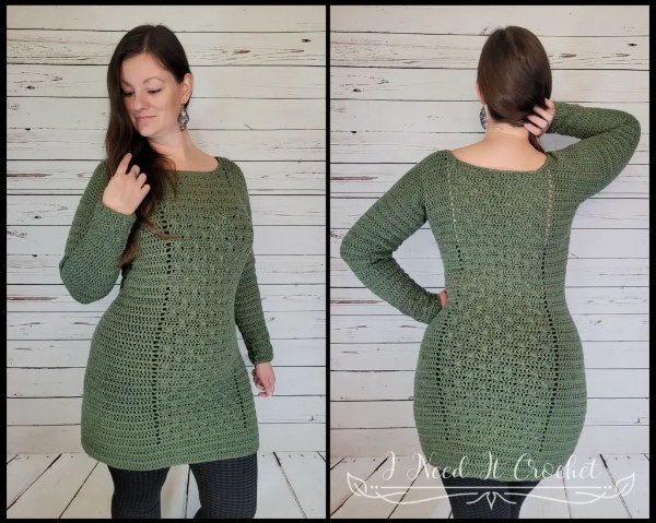 A front view and a back ciew of a woman wearing a long-sleeved crochet sweater dress with a textured stitch.