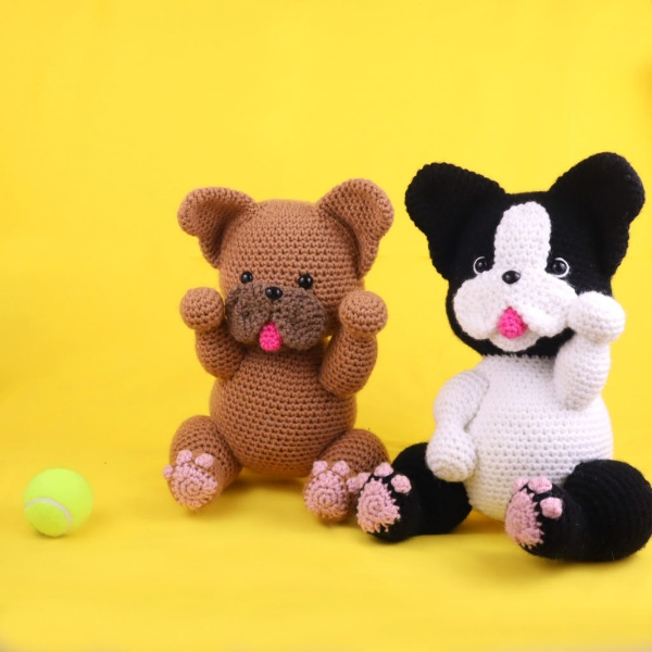 A crochet French Bulldog and a Crochet Boston Terrier.