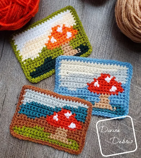 Three crochet mug rugs with a tapestry crochet mushroom design.