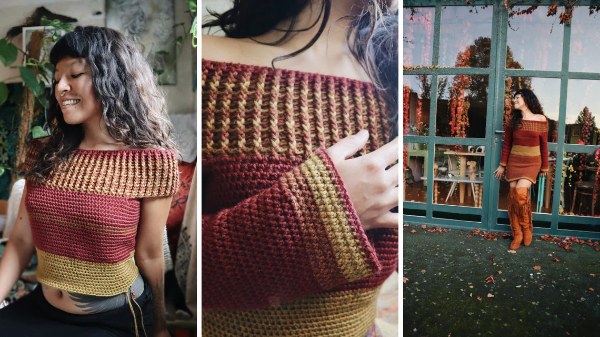 Three different views of a woman wearing an off-the-shoulder, crochet sweater dress.