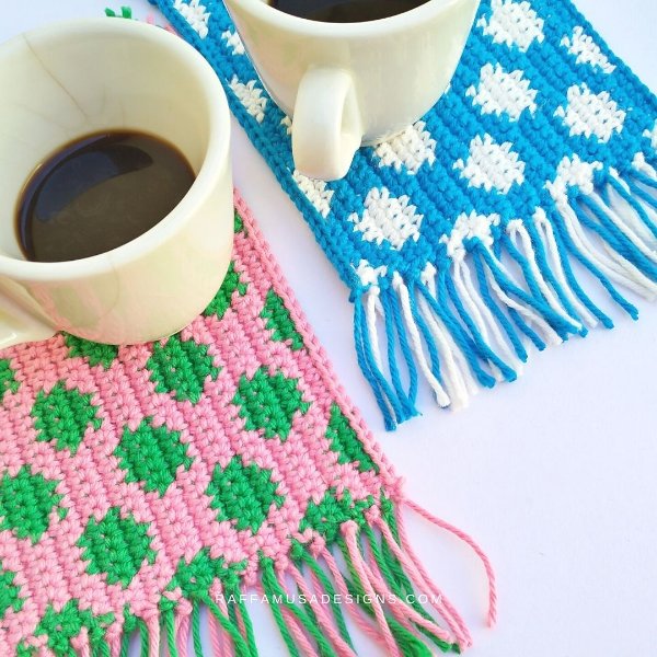 Brightly coloured crochet polka dot mug rugs.