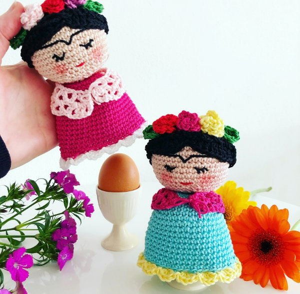 Frida-Kahlo-themed crochet egg cozies.