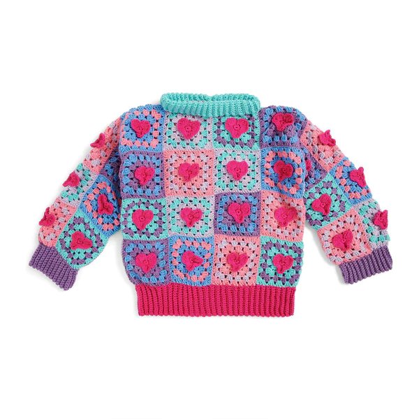 A brighltly coloured crochet sweater made from granny squares with 3d hearts.