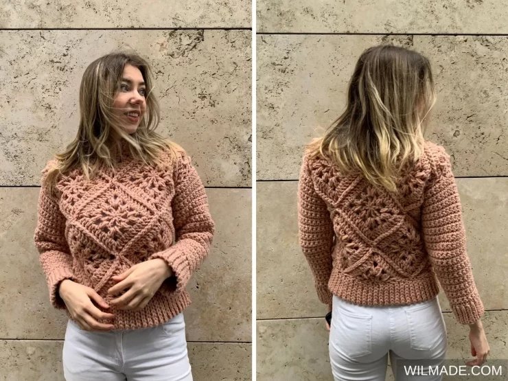 Two - views - front and back - of a chunky crochet granny square sweater.