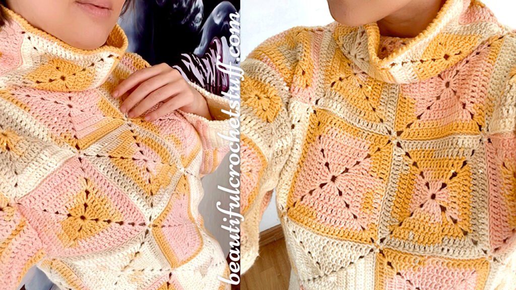 A turtleneck jumper made with crochet granny squares.