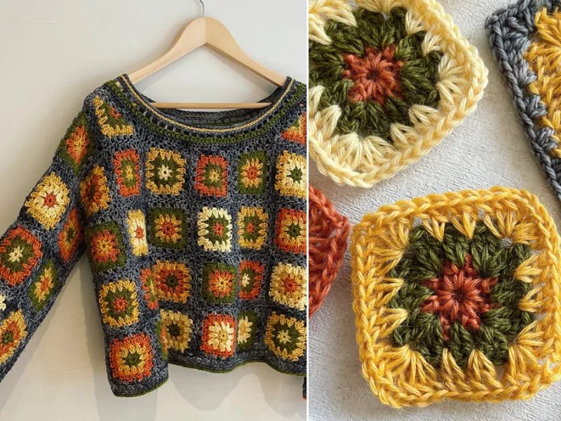 A crochet sweater made from small granny squares.