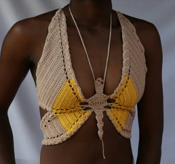 A two-toned crochet butterfly top.